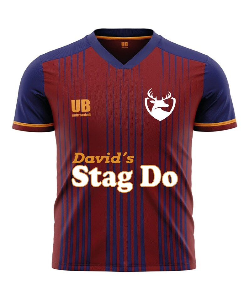 Football themed stag do shirt. Tailoring the theme to match the groom's favourite sport. If there is a particular football team the groom to be supports, why not get a football shirt for the chosen team?