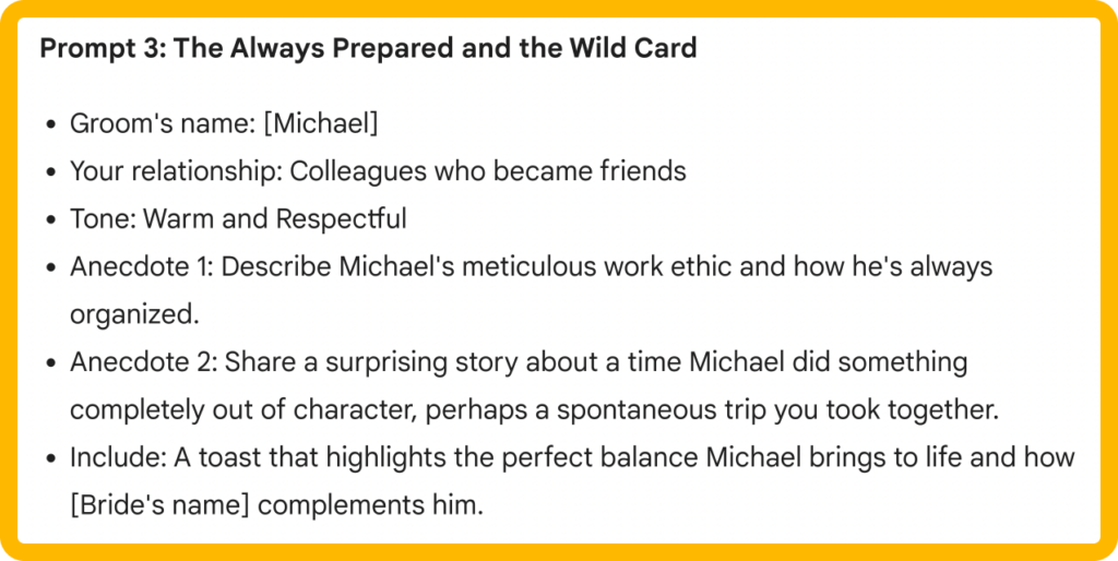 You can also request speeches that suit different types of grooms, whether this ties in with their personalities or their interests. This helps the AI to tailor its results to suit you. 