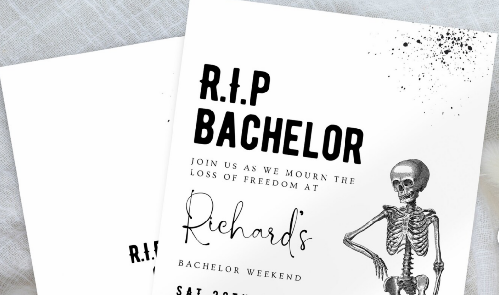 Creative Invitation Ideas to Excite Your Guests: RIP Bachelor Invitation, funny bachelor Invite, Simple Black Bachelor Weekend Invite, Gothic Stag do Invite, Black skeleton invite
From etsy.com
https://www.etsy.com/listing/1343397762/rip-bachelor-invitation-funny-bachelor